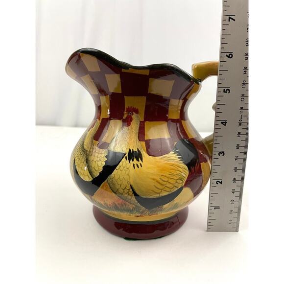 VTG Ceramic Farmhouse Rooster Checkered Pitcher with Spout Handle - Picture 12 of 12